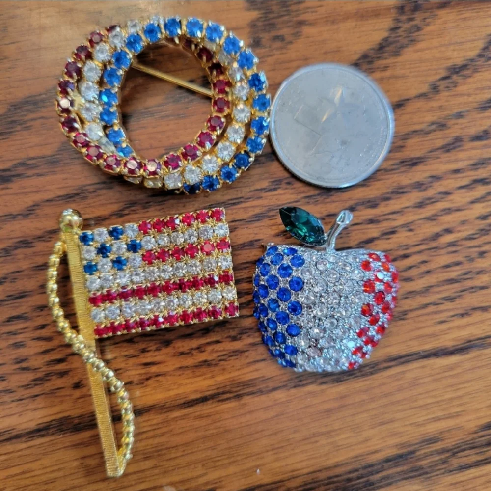 Patriotic Brooch Trio ~ Red, White & Blue ~ Flag, Apple, Circles ~ July 4th ~ US